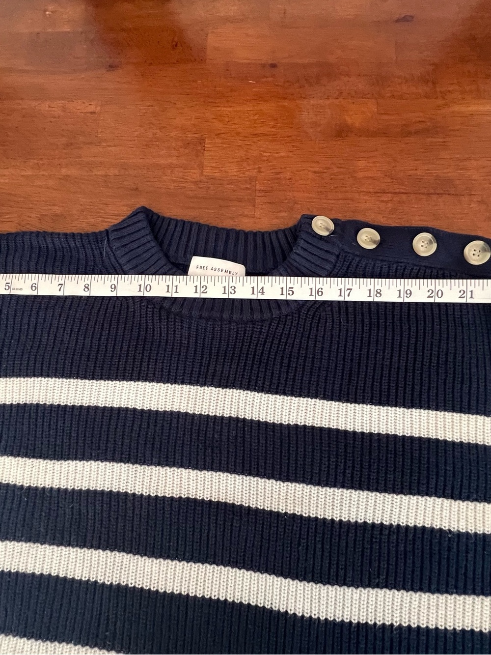 Women's Navy and White Striped Button-Shoulder Sweater Free Assembly